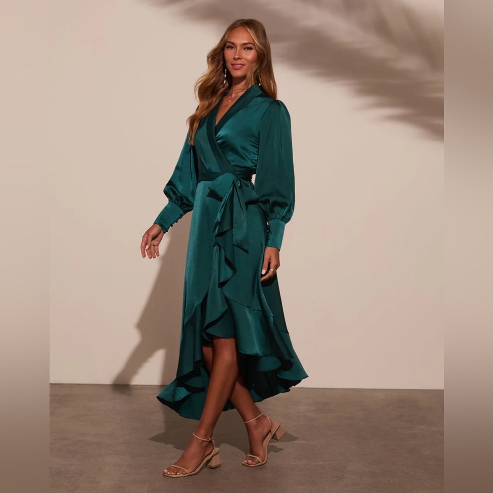 VICI Emerald Satin Wrap Midi Dress